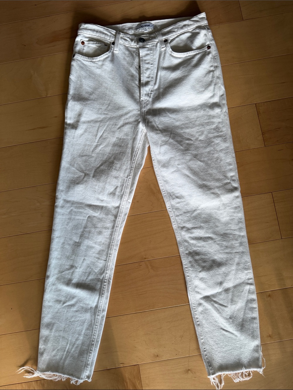 RE/done white denim jeans 90s high rise ankle crop button fly jeans - size 28